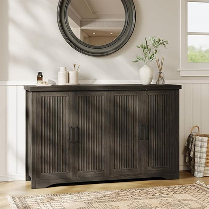 Fluted Buffet Cabinet with Storage Accent Sideboard,Modern Credenza with 4 Doors & Adjustable Shelves,Wood Coffee Bar Table Console for Dining Room Kitchen Living Room Entryway,Gray