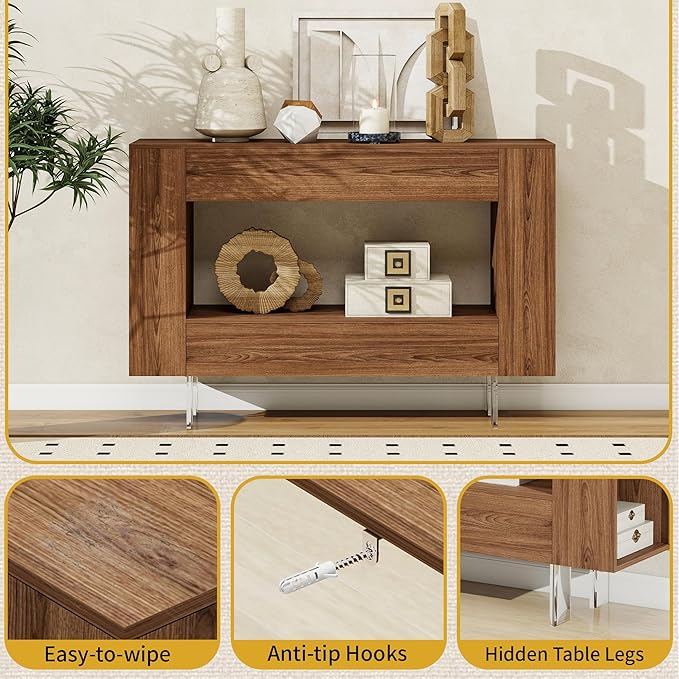47" Narrow Console Table with Hidden Side Storage Cabinets, Adjustable Shelves, Farmhouse Entryway Sofa Table for Behind The Couch, Living Room, Hallway, Walnut