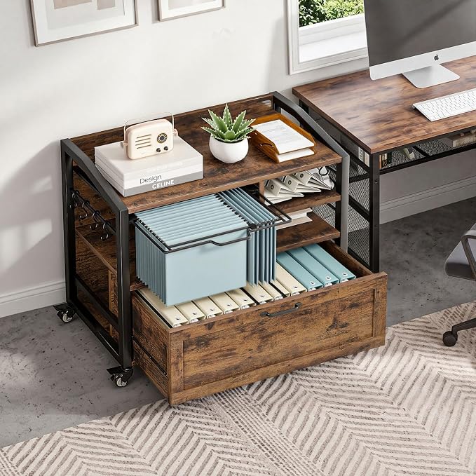 LVB Wood Lateral File Cabinet with Drawers, Rolling Filing Cabinet Under Desk for Home Office, Printer Stand with Storage Shelf,Hanging File Organizer for Legal/Letter Size, Rustic Oak, 33Inch