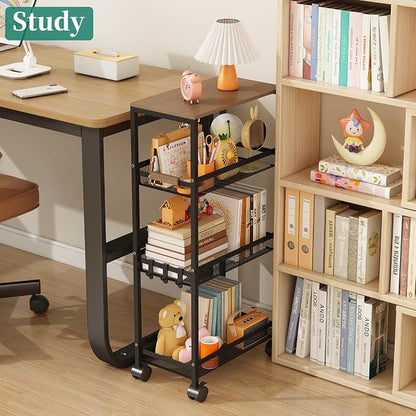 Utility Slim Storage Cart, 4 Tier Rolling Cart with Wheels, Laundry Shelves with Wood Top, Narrow Cabinet for Bathroom Organization, Small Organizer for Kitchen, Office and Dorm (Black, 9.1'')