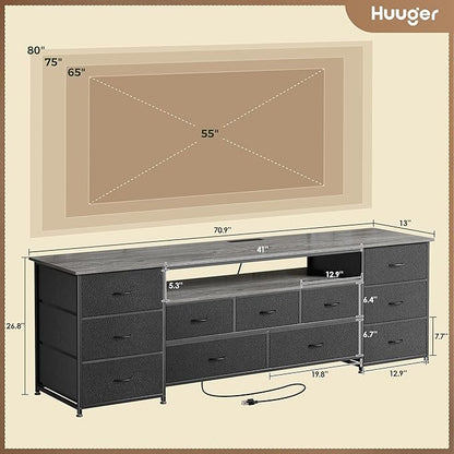 Huuger 70 Inch TV Stand for 75, 80 Inch TV, 11 Drawer Long Dresser with Power Outlets and LED Lights, Entertainment Center with Storage, Grey Dresser with PU Leather Surface