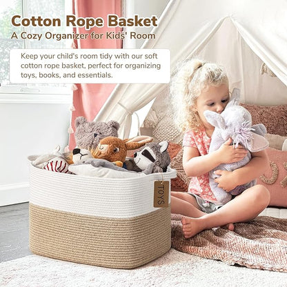 Goodpick Woven Storage Baskets for Organizing, Nursery Toy Baskets Storage Kids, Cotton Rope Basket with Handles, Rectangle Blanket Basket for Living Room, 18 x 14 x 12 Inches