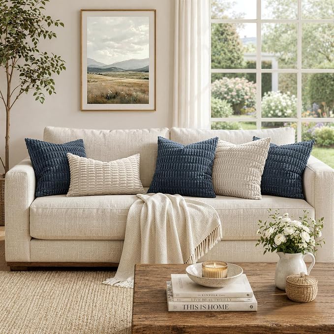 MIULEE Pack of 2 Corduroy Decorative Euro Sham Throw Pillow Covers 24x24 Inch Soft Boho Striped Pillow Covers Modern Farmhouse Home Decor for Summer Coastal Sofa Living Room Couch Bed Blue