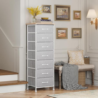 Fixwal Tall Dresser for Bedroom, Storage Dresser Organizer with 7 Fabric Drawers, Nightstand Furniture in Closet, Entryway, Hallway, Light Grey