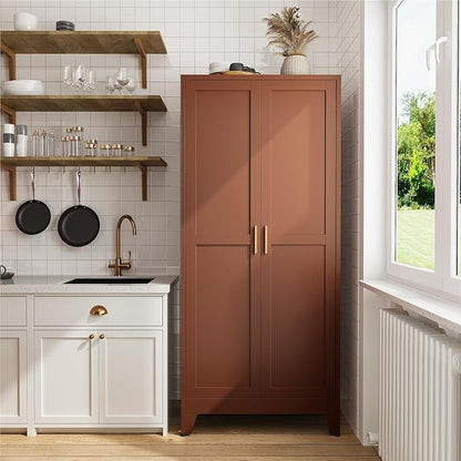 COFaR 71" Classic Pantry Cabinet in Brown, 5-Tier Storage with Adjustable Shelves, Wood-Tone Cupboard for Kitchen, Office & Living Room Organization