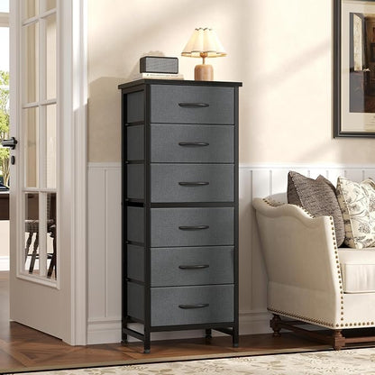 Sweetcrispy Tall Fabric Dresser for Bedroom, 6 Drawer Skinny Chest of Drawers, Narrow Storage Tower with Wood Top and Metal Frame, Vertical Nightstand for Closet, Bedroom Organization Furniture, Grey
