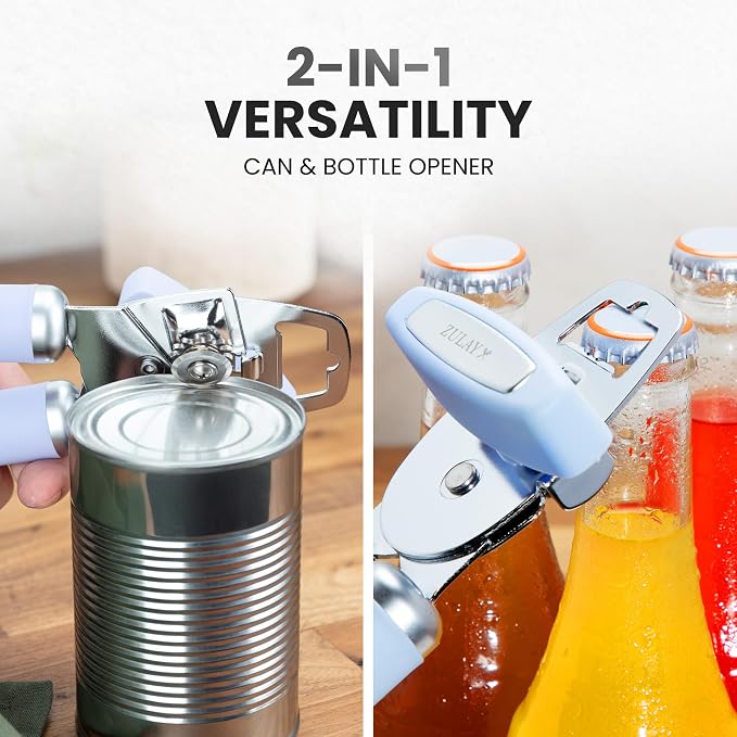 Zulay Kitchen Heavy Duty Stainless Steel Can Opener Manual with Bottle Opener - Rust Proof Manual Can Opener With Turn Knob & Comfy Soft Grip Handles - Light Blue