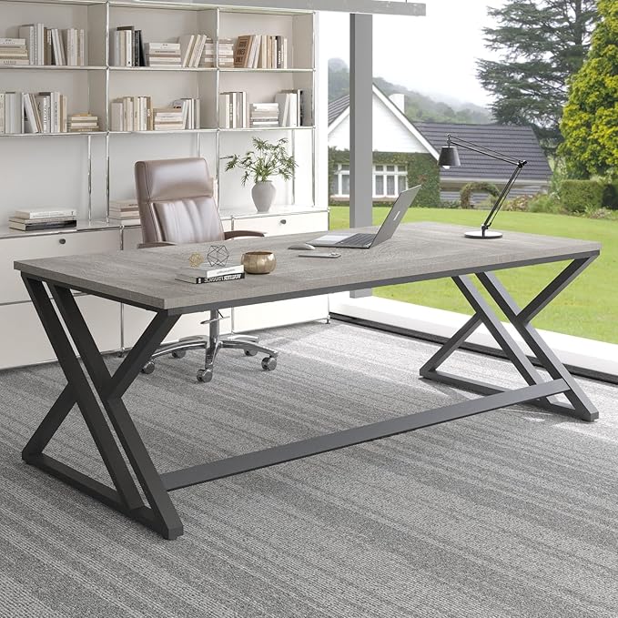 LVB 70.8" Long Office Desk, Modern Large Wood Metal Computer Desk, Industrial Double Workstation Desks for Two People, Rustic PC Executive Work Study Writing Computer Table for Home, Light Grey Oak