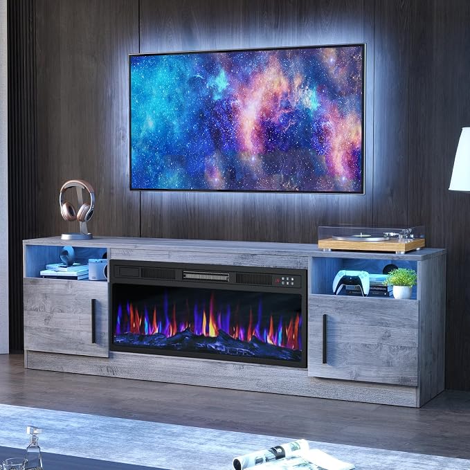 PRETZI Fireplace TV Stand with 36" Fireplace Up to 80" TVs, 70" Entertainment Center with LED Lights, Remote Control, TV Media Console with Storage Cabinets for Living Room, Gray