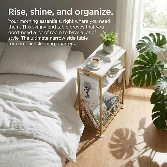 Skinny Side Table with Storage, 3 Tier Slim Side Tables for Small Spaces, Skinny End Table Narrow Bedside Table Narrow Side Table for Living Room, Bedroom