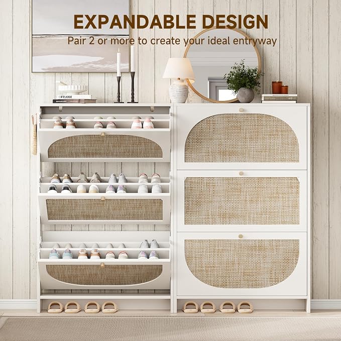 Nicetree Shoe Cabinet Storage for Entryway Slim 9.5" Freestanding Floor Base Shoe Storage Cabinet, 3 Flip Drawers with 3-Position Adjustable Divider, Holds 16-36Pairs, Bright White