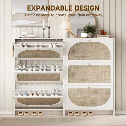 Nicetree Shoe Cabinet Storage for Entryway Slim 9.5" Freestanding Floor Base Shoe Storage Cabinet, 3 Flip Drawers with 3-Position Adjustable Divider, Holds 16-36Pairs, Bright White