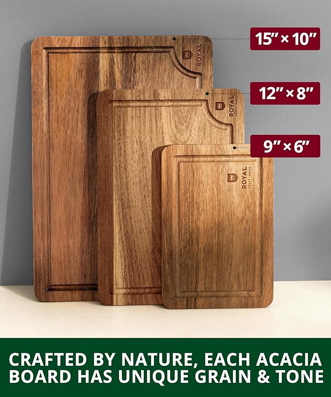ROYAL CRAFT WOOD Wooden Cutting Boards for Kitchen Meal Prep & Serving - Bamboo Wood Serving Board Set with Deep Juice Groove Side Handles - Charcuterie & Chopping Butcher Block for Meat