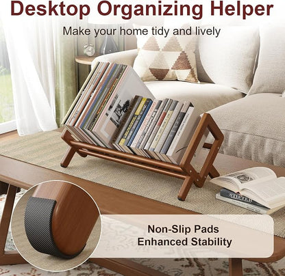 Premium Desktop Bookshelf, Bamboo Desk Bookshelf, Retro Brown Book Rack Shelf Organizer, Stable Bookshelves Storage, Tabletop Large Magazine Holder Racks for Magazines, Books, Files