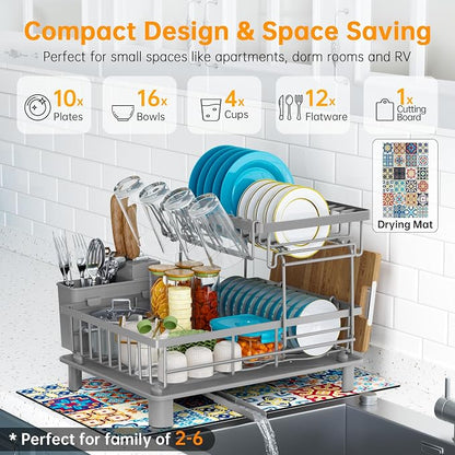 2 Tier Dish Drying Rack, Large Dish Racks for Kitchen Counter with Drying Mat, Detachable Dish Drainer Organizer, Rust-Resistant Space-Saving Dish Rack with Drainboard and Utensil Holder,Gray