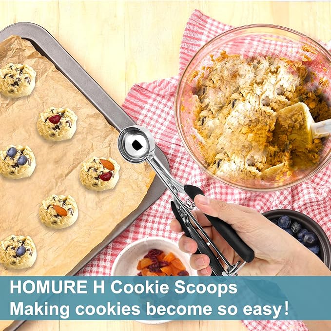 HOMURE H Cookie Scoop Set, Include 1 Tbsp/2 Tbsp/3 Tbsp, Cookie Dough Scoop, Cookie Scoops for Baking Set of 3, 18/8 Stainless Steel, Good Grip, Non-Slip, For Cookies Cupcake Muffin Ice Cream waffle