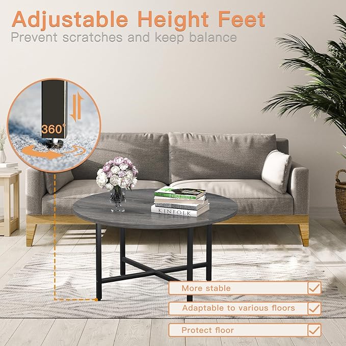 Round Coffee Table, 23.6" Small Coffee Tables for Living Room, Circle Coffee Table with Metal Frame, Floor Table Desk for Sitting on The Floor, Home, Office, Grey