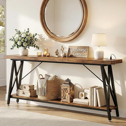 Homieasy 70.9 Inch Extra Long Console Table, Industrial Sofa Table Behind Couch with Charging Station & Storage Shelf, Entryway Table for Living Room & Entryway, Rustic Brown