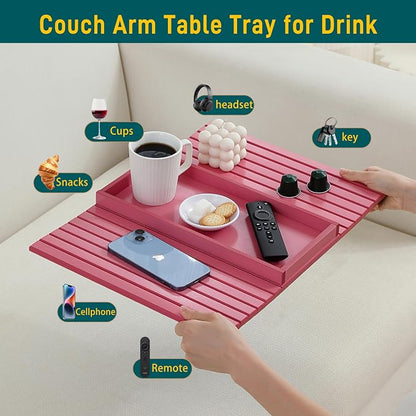Bamboo Couch Arm Tray Table，Foldable Sofa Armrest Tray Table for Couch，Flexible and Anti-Slip Couch Arm Cup Holder，Portable Sofa Arm Chair Table for Drink,Cups, Eats，Snacks, Phone, Remote (Pink)