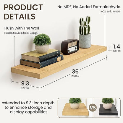 Marsmiles Floating Shelves | 36 Inch Natural Wood Wall Shelves Set of 2 | 9.3 Inch Deep Rustic Reclaimed Wood Shelves for Room Wall | Farmhouse Floating Shelves for Living Room Bathroom