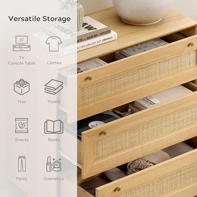Rattan 3 Drawer Dresser for Bedroom, Modern Dresser Wood Chest of Drawers with Metal Handles,Boho Storage Cabinets Corner Bedside Table for Bedroom, Living Room, Entryway, Natural Oak