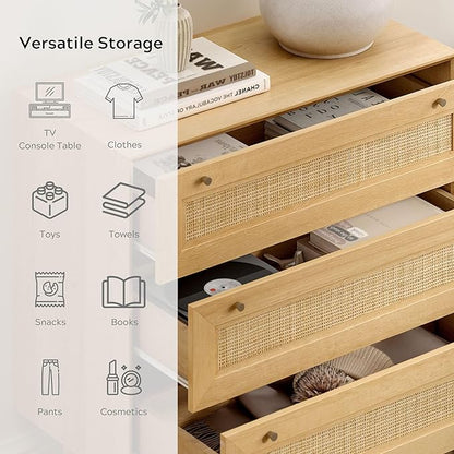 Rattan 3 Drawer Dresser for Bedroom, Modern Dresser Wood Chest of Drawers with Metal Handles,Boho Storage Cabinets Corner Bedside Table for Bedroom, Living Room, Entryway, Natural Oak