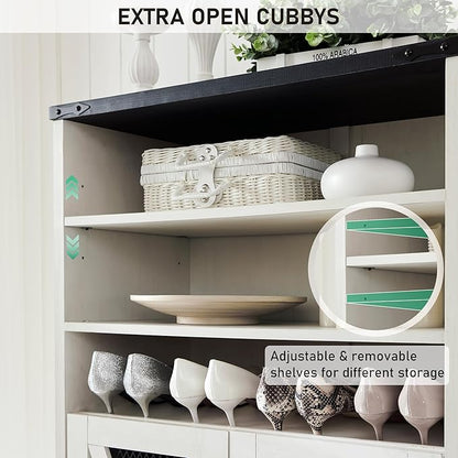 JXQTLINGMU Farmhouse Shoe Cabinet, 72" Tall with Mesh Doors and Adjustable Shelves, Rustic Wooden Shoe Organizer, Modern Large Shoe Storage for Entryway, Off White
