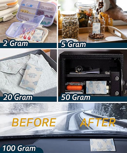 5 Gram (150 Pack) Color-Indicating Silica Gel Packets, Premium Food Grade Desiccant - Rechargeable Moisture Absorbers for Food Storage, Electronics, 3D Filament & Safes