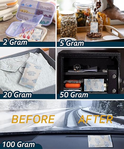 2 Gram (100 Pack) Color-Indicating Silica Gel Packets, Premium Food Grade Desiccant - Rechargeable Moisture Absorbers for Food Storage, Electronics, 3D Filament & Safes