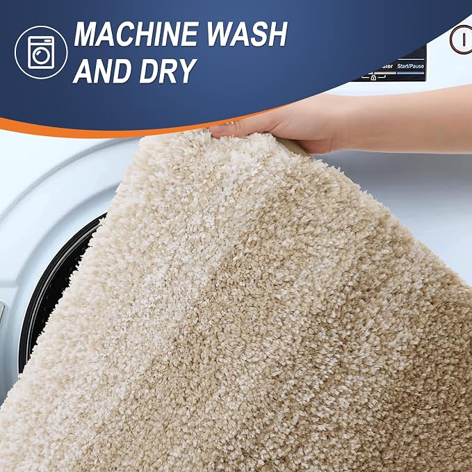 OLANLY Luxury Toilet Rugs U-Shaped 24x20, Extra Soft and Absorbent Microfiber Bathroom Rugs, Non-Slip Plush Shaggy Bath Mat, Machine Wash Dry, Contour Bathroom Mats for Toilet Base, Tan