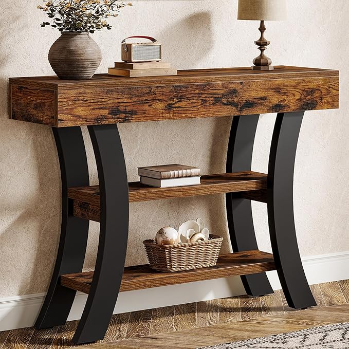 Tribesigns 41" Small Console Table for Entryway, 3-Tier Narrow Rustic Sofa Table with Storage Shelves and Curved Frame for Living Room, Entry, Hallway, Foyer, Rustic Brown