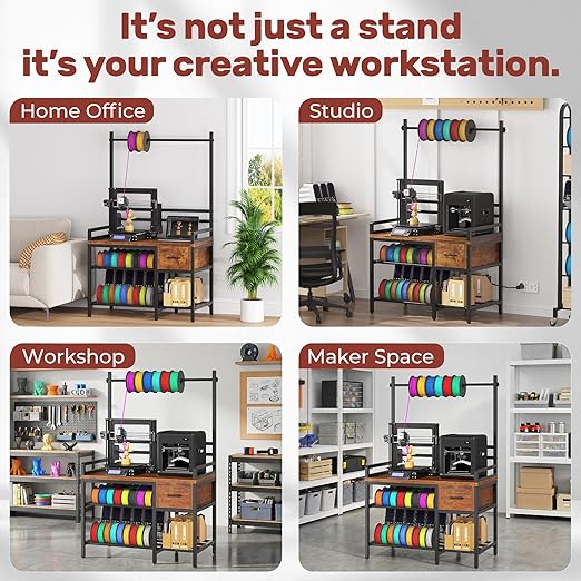 3D Printer Stand with Filament Storage – Tall 66" Heavy Duty Metal 3D Printer Table with Power Hub, Drawer & X-Bracket Stability for Workshop, Studio, Office
