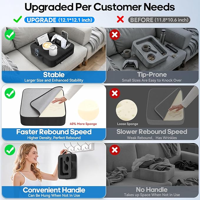 Couch Cup Holder Pillow, Sofa and Bed Organizer Caddy for iPad, Kindle, Switch, Game Controller, Remotes, Phones, Small-Sized Cup & Drink Holder for Couch, Bed, Desk, Car, Beach, Desk, Black