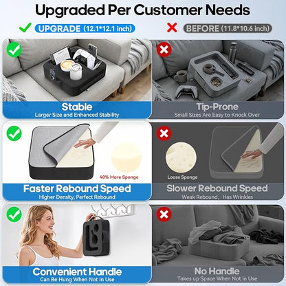 Couch Cup Holder Pillow, Sofa and Bed Organizer Caddy for iPad, Kindle, Switch, Game Controller, Remotes, Phones, Small-Sized Cup & Drink Holder for Couch, Bed, Desk, Car, Beach, Desk, Black