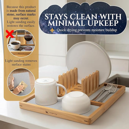 Bamboo & Teak Dish Drying Rack with Fast-Absorbing Stone Base — Made for Small Kitchens & Apartments, Collapsible Dish Holders, 12" x 13.9", No-Drip, No-Puddles – Midnight Lodge