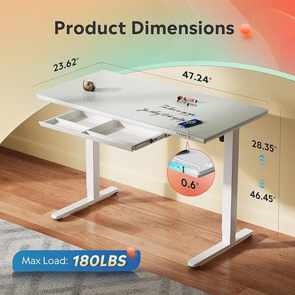 DEVAISE Standing Desk with Drawers, Whole-Piece Glass Adjustable Height Desk, 48 Inch Electric Stand Up Desk, Quick Install, White
