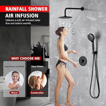 sumerain Matte Black Shower System, Handheld Showerhead with Filters for Hard Water, 9" High Pressure Multiple Modes Rain Shower Head, Valve Included