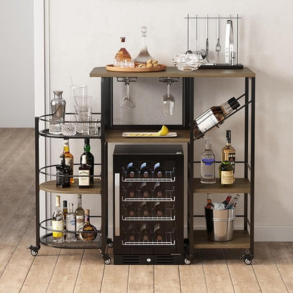 Bar Cart, Home Bar Service Cart with Wine Rack and Glass Holder, Kitchen Cart with Rolling Wheels, Metal Bar Rack with 7 Tiers Storage for Home, Kitchen, Living Room, Dining Room (Brown)