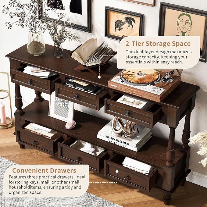 LKTART 54'' Solid Wood Console Table, Farmhouse Entryway Table with 6 Drawers and Shelf, Narrow Long Sofa Table with Storage for Living Room Hallway, Couch, Foyer (Espresso)