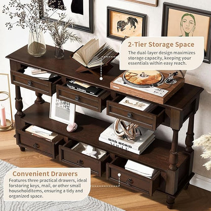 LKTART 54'' Solid Wood Console Table, Farmhouse Entryway Table with 6 Drawers and Shelf, Narrow Long Sofa Table with Storage for Living Room Hallway, Couch, Foyer (Espresso)