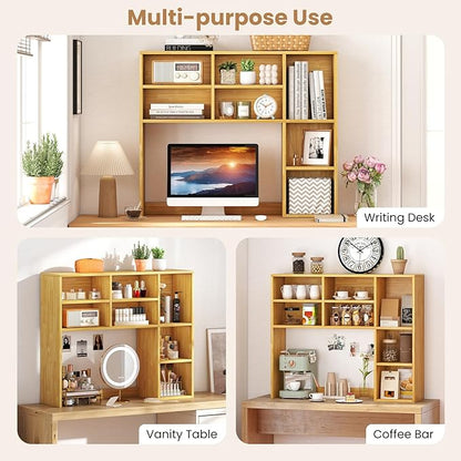 Desk Hutch, Desktop Shelf with 7 Shelves, Desk Bookshelf w/Anti-Toppling Devices, Wood Table Top Bookshelf Organizer, Small Desk Shelf for Study, Office, Dorm (Burlywood, 7 Shelves)
