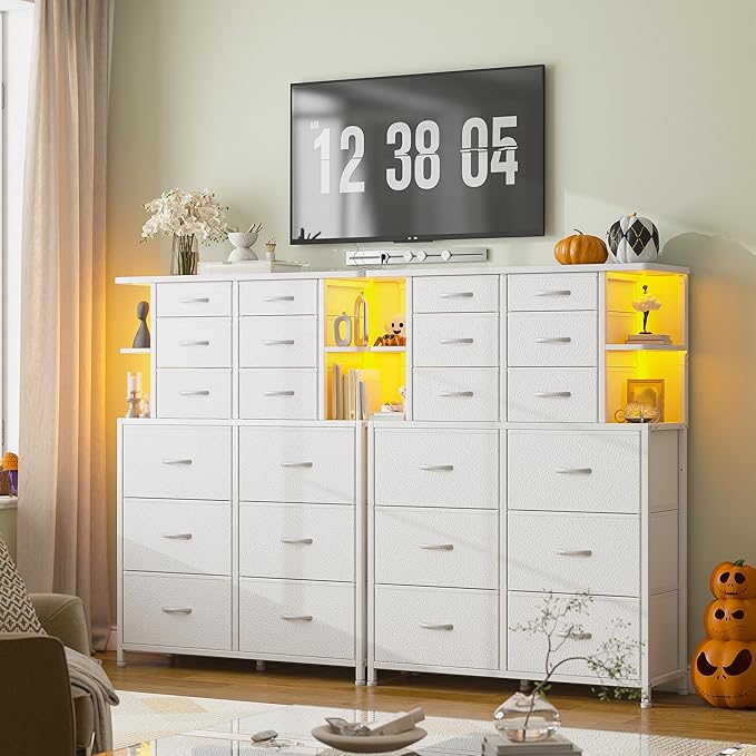 EnHomee White Dresser for Bedroom with LED Lights and 12 Drawers Dresser with 4 Open Storage Shelves, Fabric Dressers & Chests of Drawers, Metal Frame, 45.2" H x 35.4" W x 11.8" D