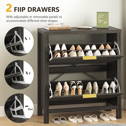 Shoe Cabinet Storage for Entryway, Fluted Shoe Cabinet with 2 Flip Drawers, Hidden Shoe Rack Tall Freestanding Shoe Organizer with Legs for Hallway, Dark Gray