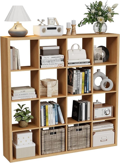 Cube Storage Organizer Bookcase, Decorative 11 inch Open Back Cubical Shelf with Thickened Border, Display Bookshelf for Living Room, Home Office, Sturdy Room (Natural Oak, 16 Cube)