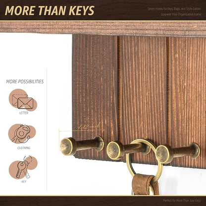 Rebee Vision Rustic Pine Wood Key Holder Wall Mount - Fun Key Holder for Wall with 7 Hooks and Charming Wall Shelf for Hanging Hats & Place Small Items - Stylish Home Decor Must-Have.(Retro Brown)