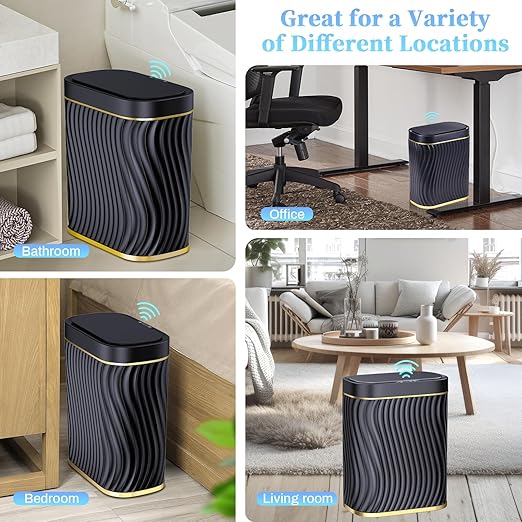 Bathroom Small Trash Can with Automatic Touchless Lid, 2.6 Gallon Smart Garbage Can Narrow Waterproof Trash Bin for Bedroom, Office, Living Room