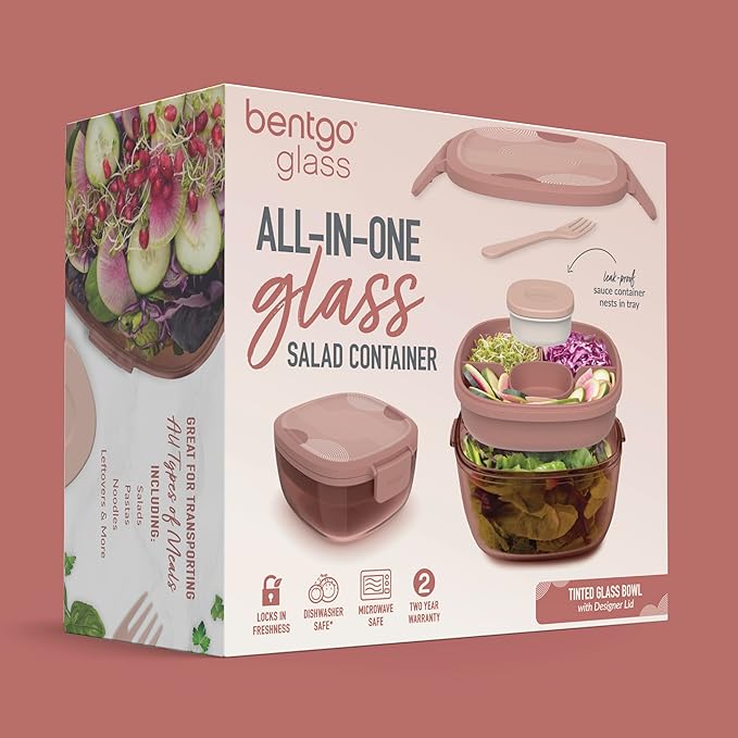 Bentgo Glass Prints Salad Container - 7.6-Cup Tinted Glass Salad Bowl with Airtight Lid, Leak-Proof Sauce Container, 4-Compartment Bento Meal Prep Tray & Reusable Fork (Mod Curve - Desert Rose)