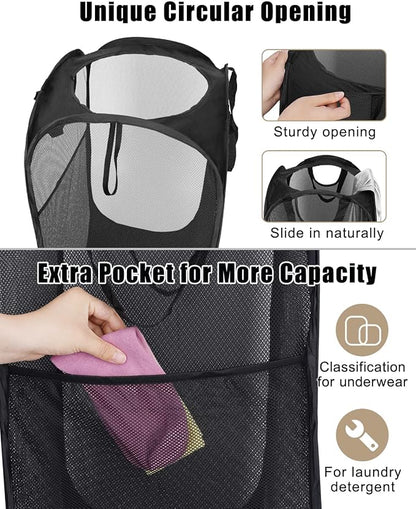 2 Pcs Strong Mesh Pop up Laundry Hamper,House Again Collapsible Laundry Basket with Durable Handles Solid Bottom High Carbon Steel Frame, Space-Saving, Easy to Open and Fold Flat for Storage(Black)