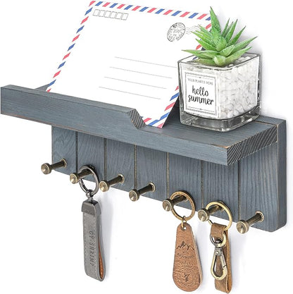 Rebee Vision Pine Wood Key Holder Wall Mount – Rustic Key Holder for Wall with Charming Wall Shelf for Mail, Perfume & Little Plants – Elegant Home Essentials Decor (Royal Blue)