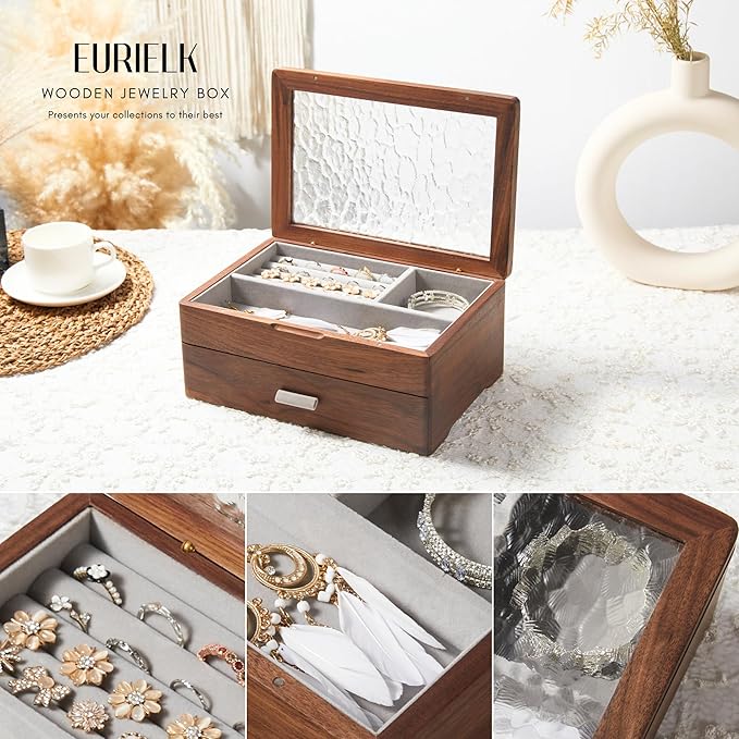 Wooden Jewelry Box, Large Size Case, Natural Solid Walnut Wood Vintage Trinket Organizer with 2-Layer Storage, Drawer, Ring Compartments, Necklace Hooks, Glass Lid, ek06-b-walnut